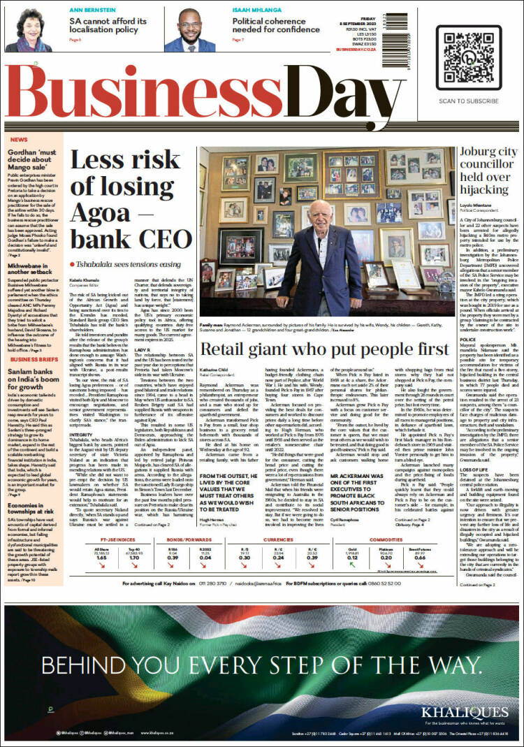 Portada de Business Day (Sud&aacute;frica)