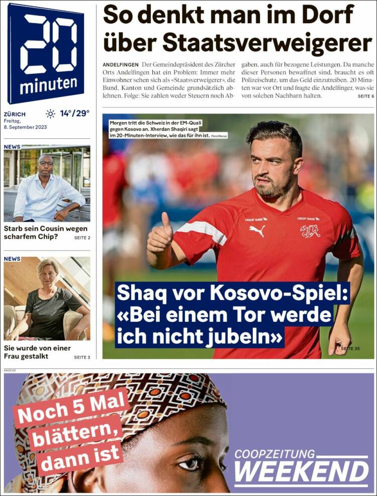 Portada de 20Minuten - Zürich (Suiza)