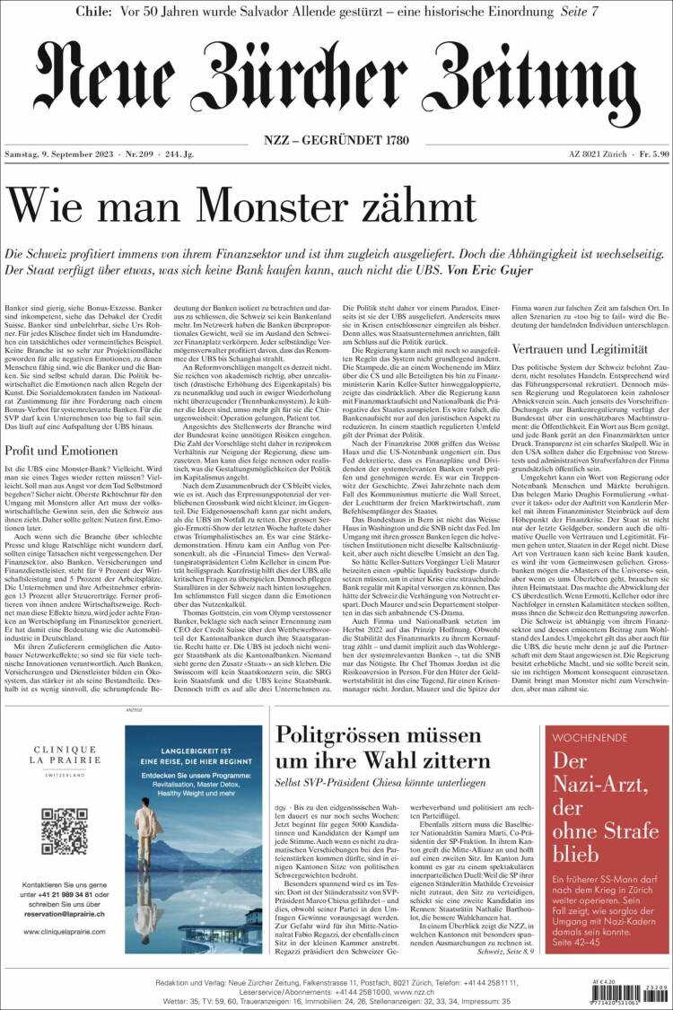 Portada de Neue Zürcher Zeitung (Suiza)