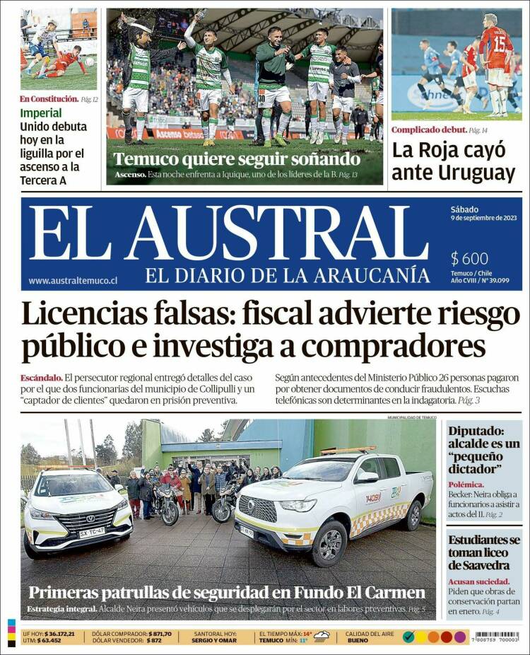 Portada de El Austral de Temuco (Chile)