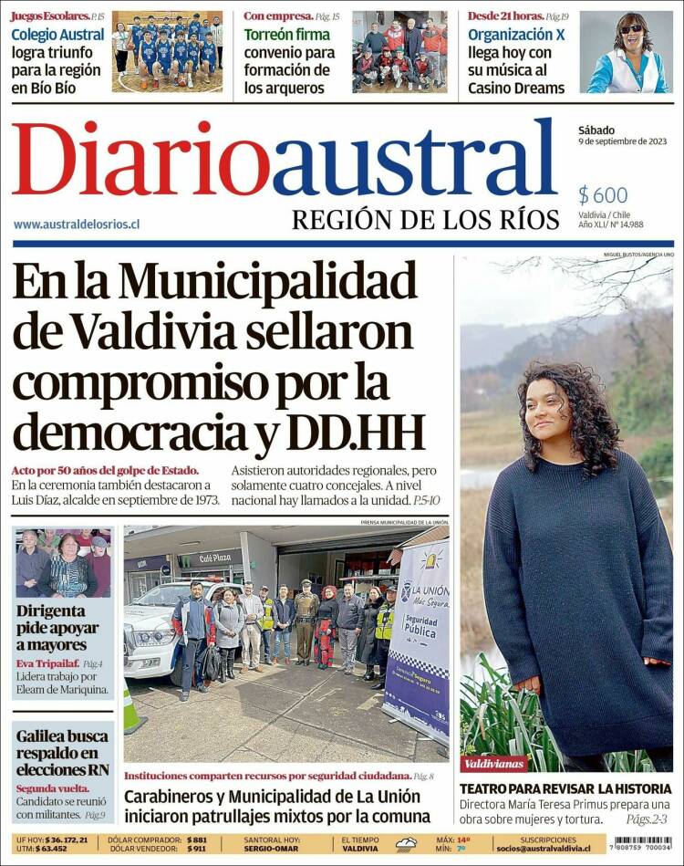 Portada de El Diario Austral de Valdivia (Chile)