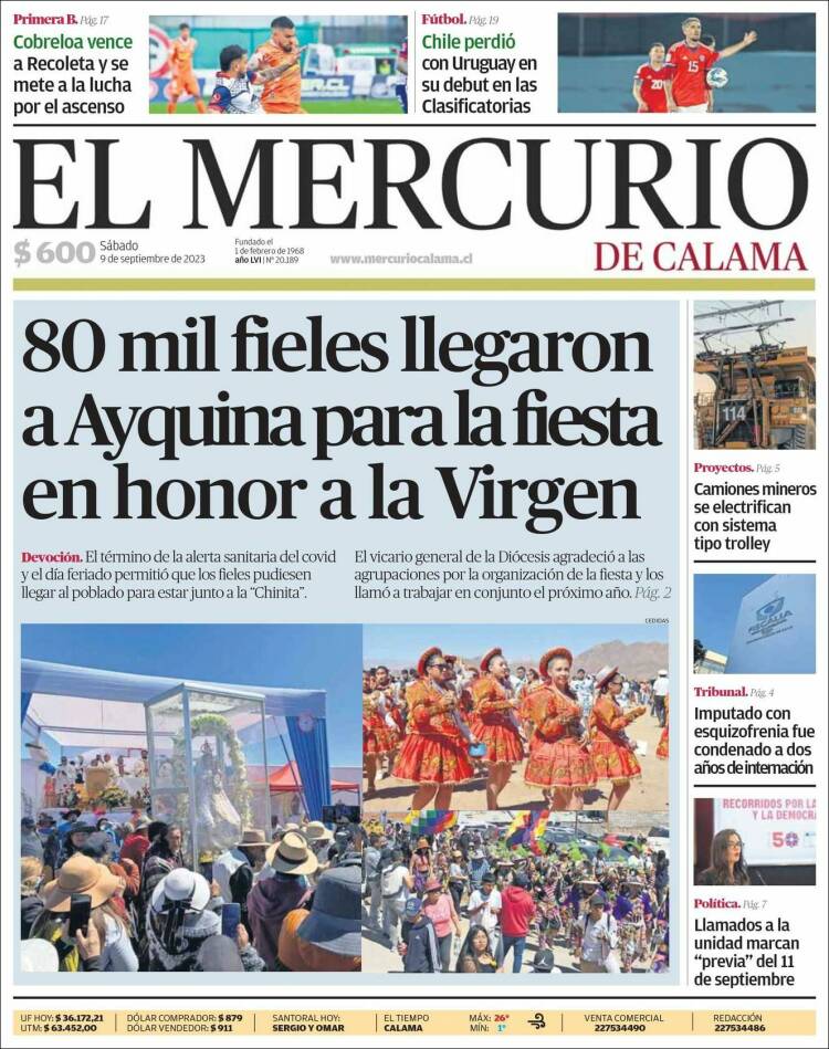 Portada de El Mercurio - Calama (Chile)