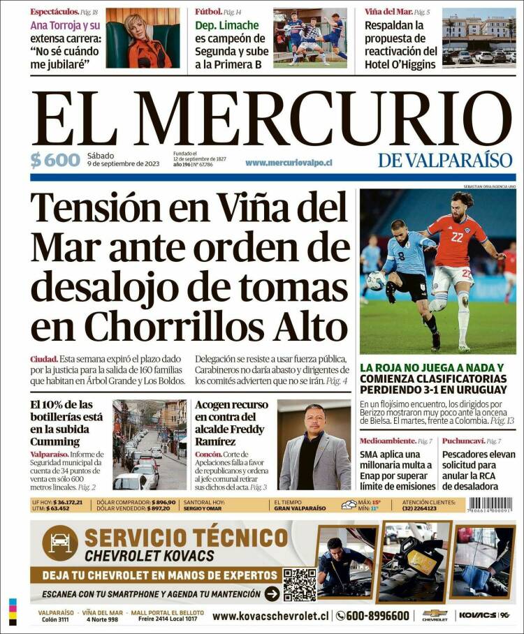 Portada de Mercurio de Valparaiso (Chile)