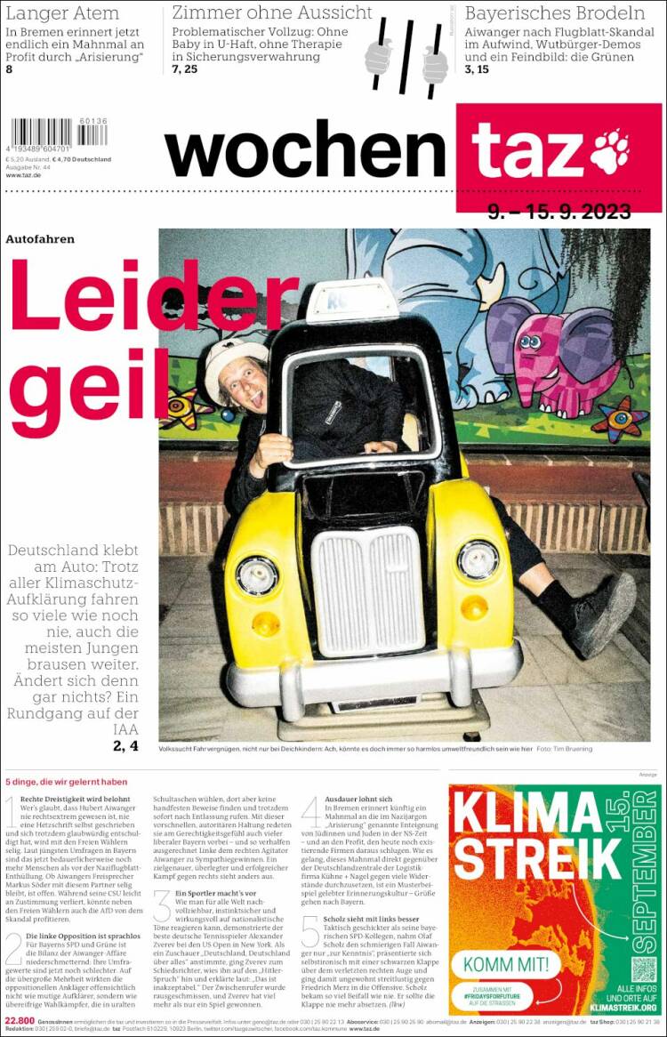 Portada de Die Tageszeitung (Alemania)