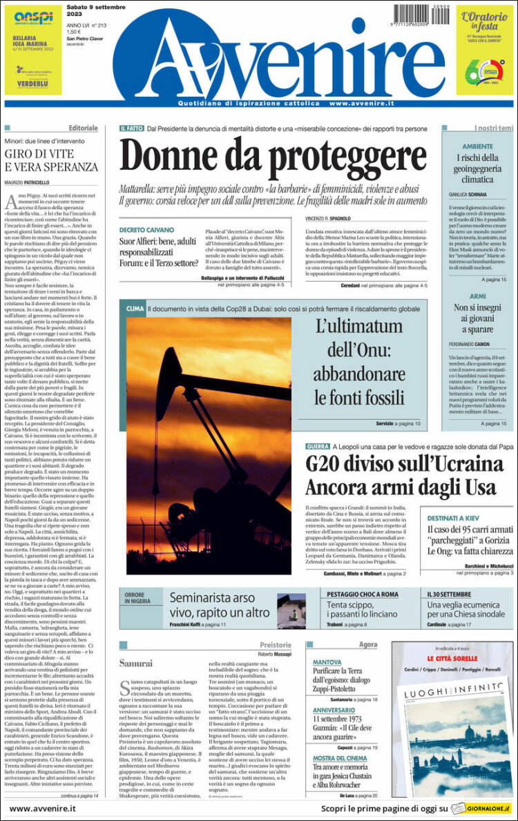 Portada de Avvenire (Italia)