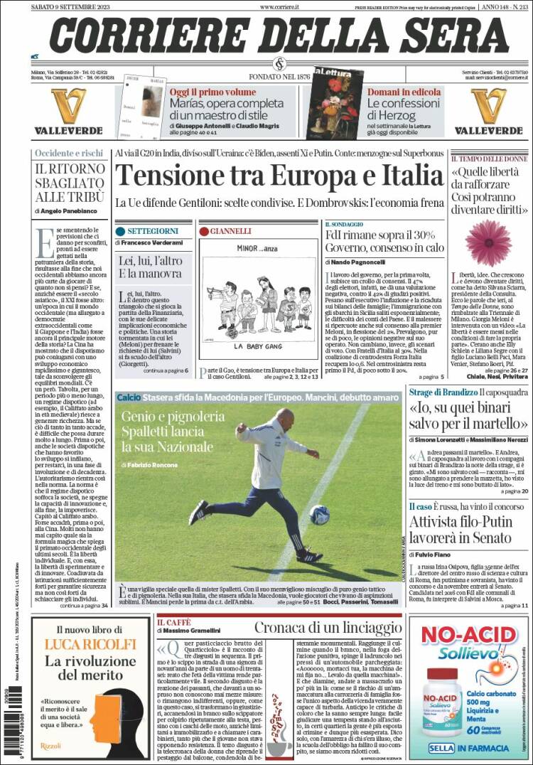 Portada de Corriere della Sera (Italia)