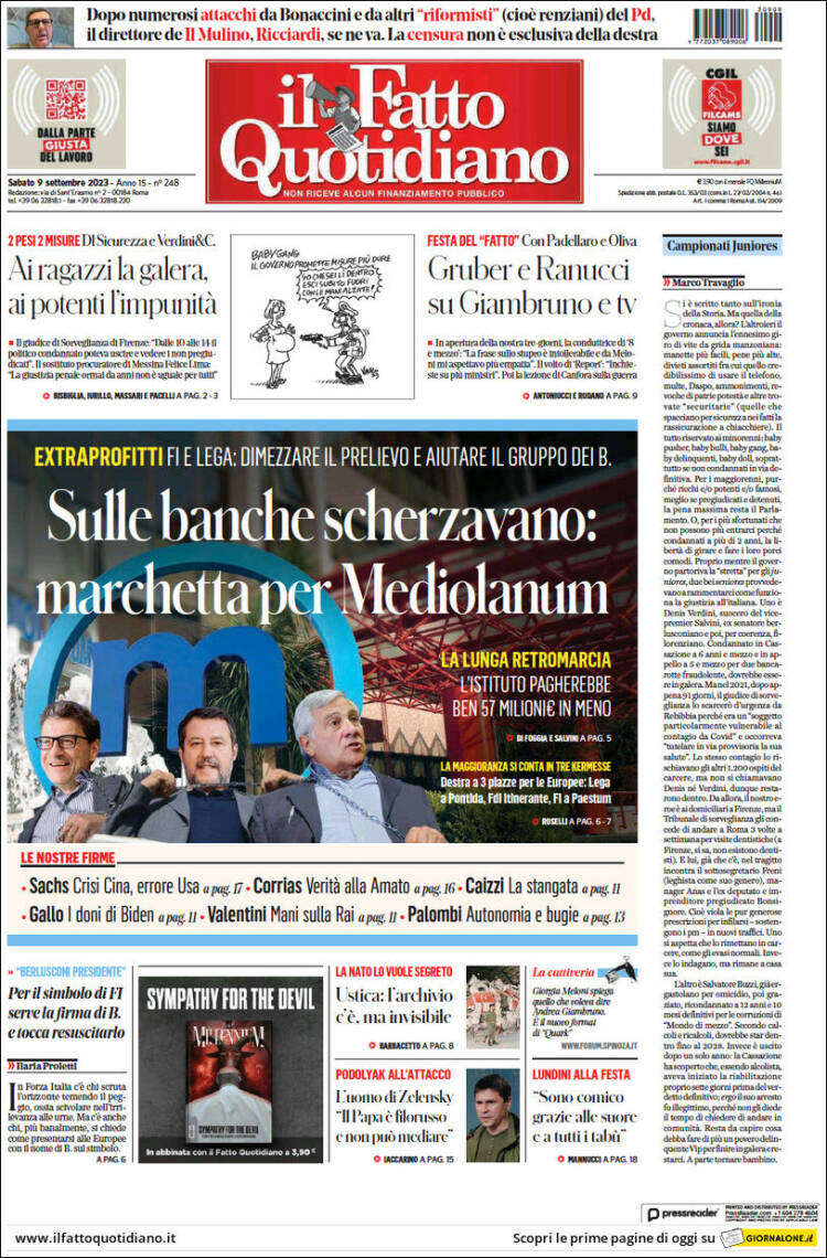 Portada de Il Fatto Quotidiano (Italia)
