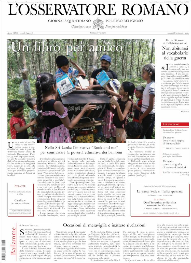 Portada de L'Osservatore Romano (Italia)