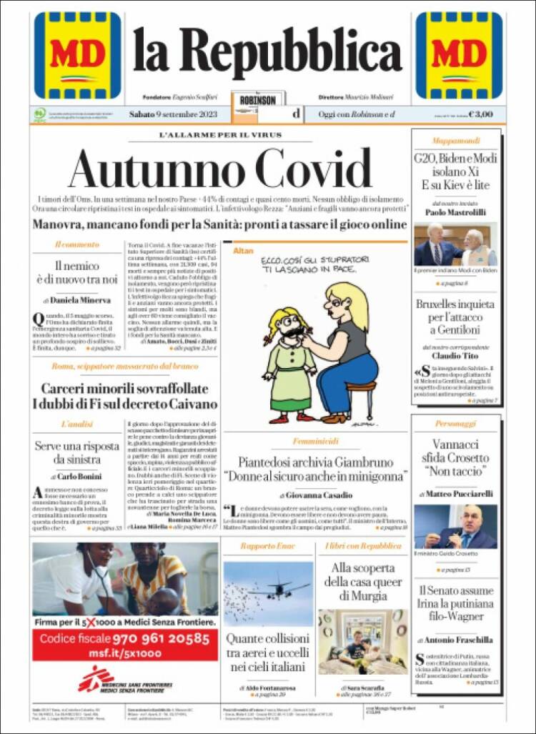 Portada de La Repubblica (Italia)