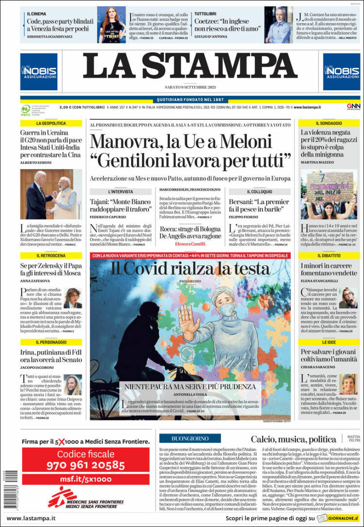 Portada de La Stampa (Italia)