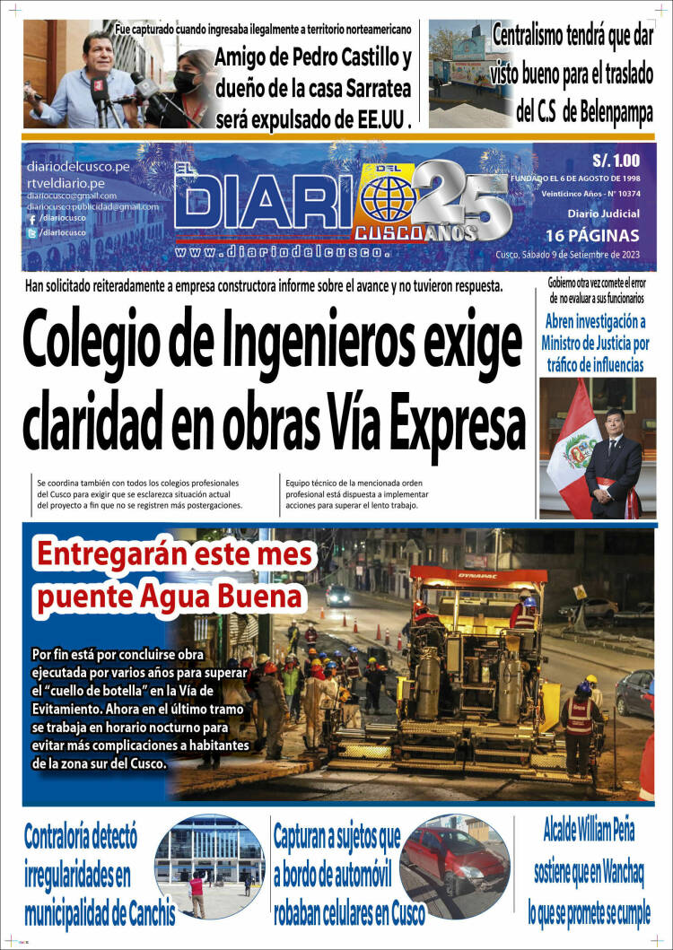 Portada de El Diario del Cusco (Per&uacute;)