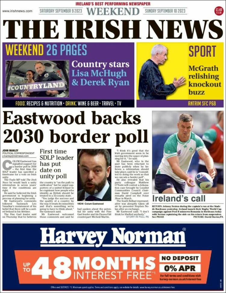 Portada de Irish News (Reino Unido)