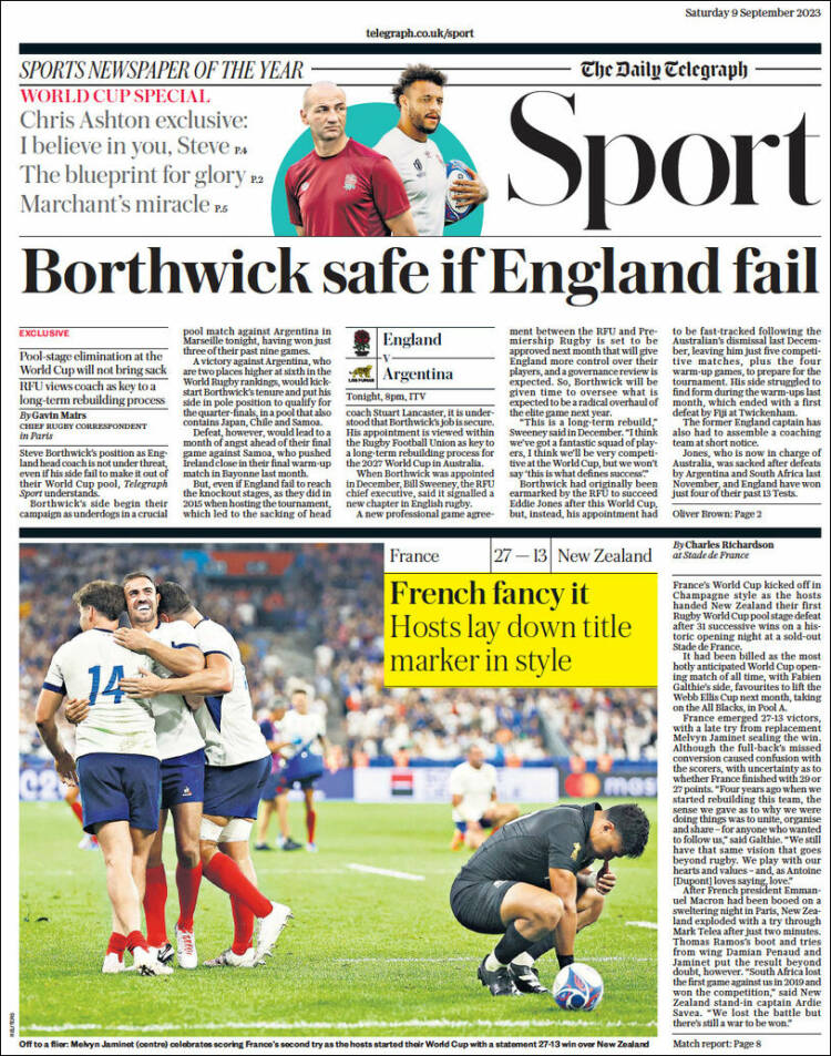 Portada de Telegraph Sport (Reino Unido)
