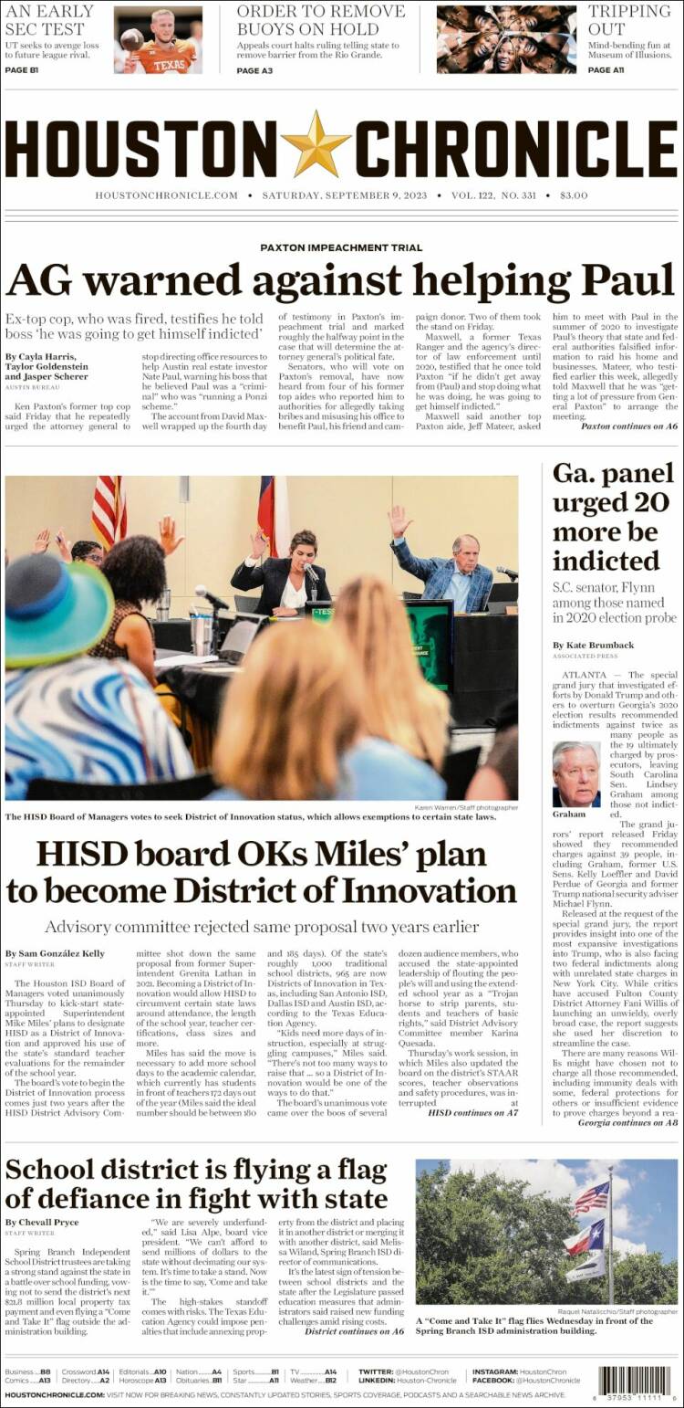 Portada de Houston Chronicle (USA)