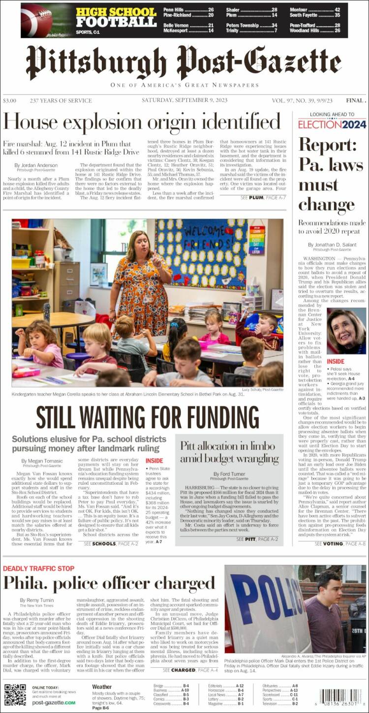 Portada de Pittsburgh Post-Gazette (USA)