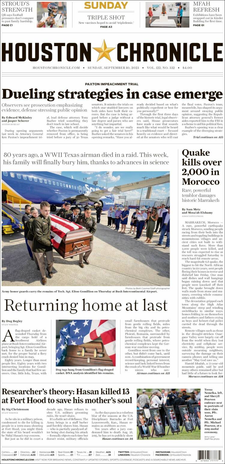 Portada de Houston Chronicle (USA)