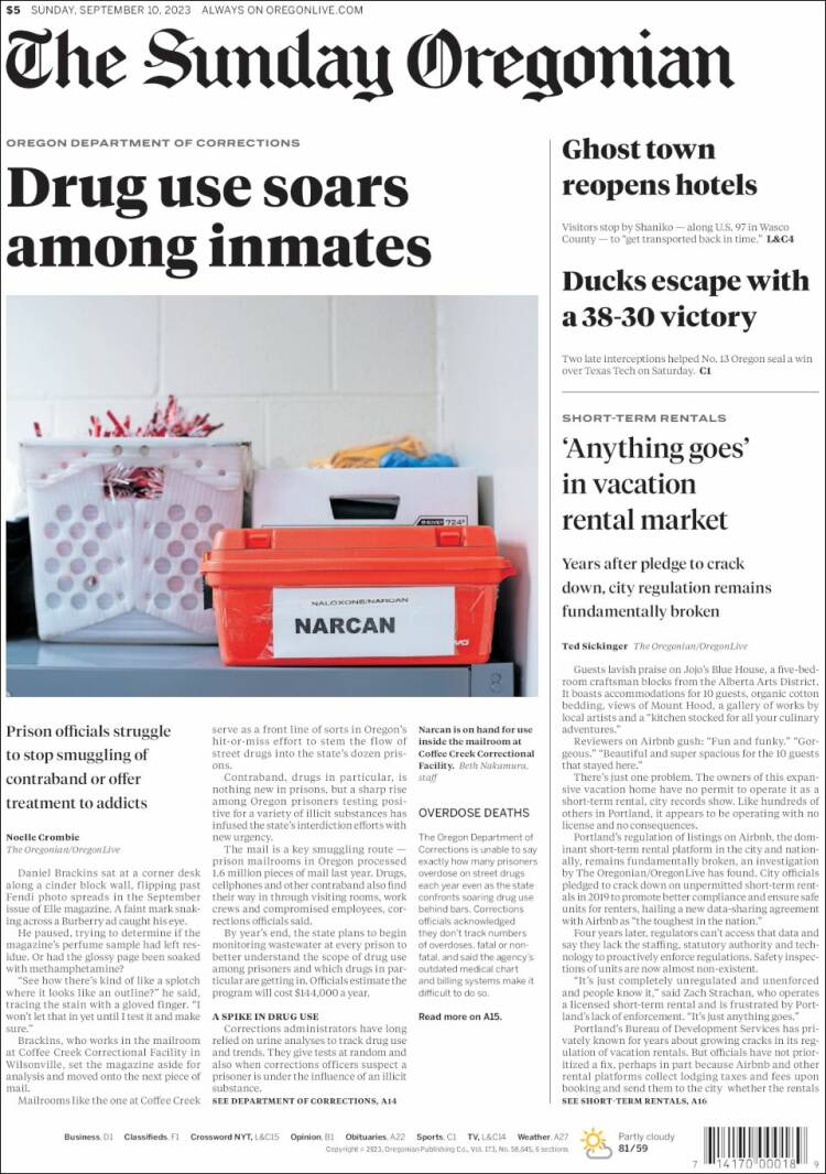 Portada de The Oregonian (USA)