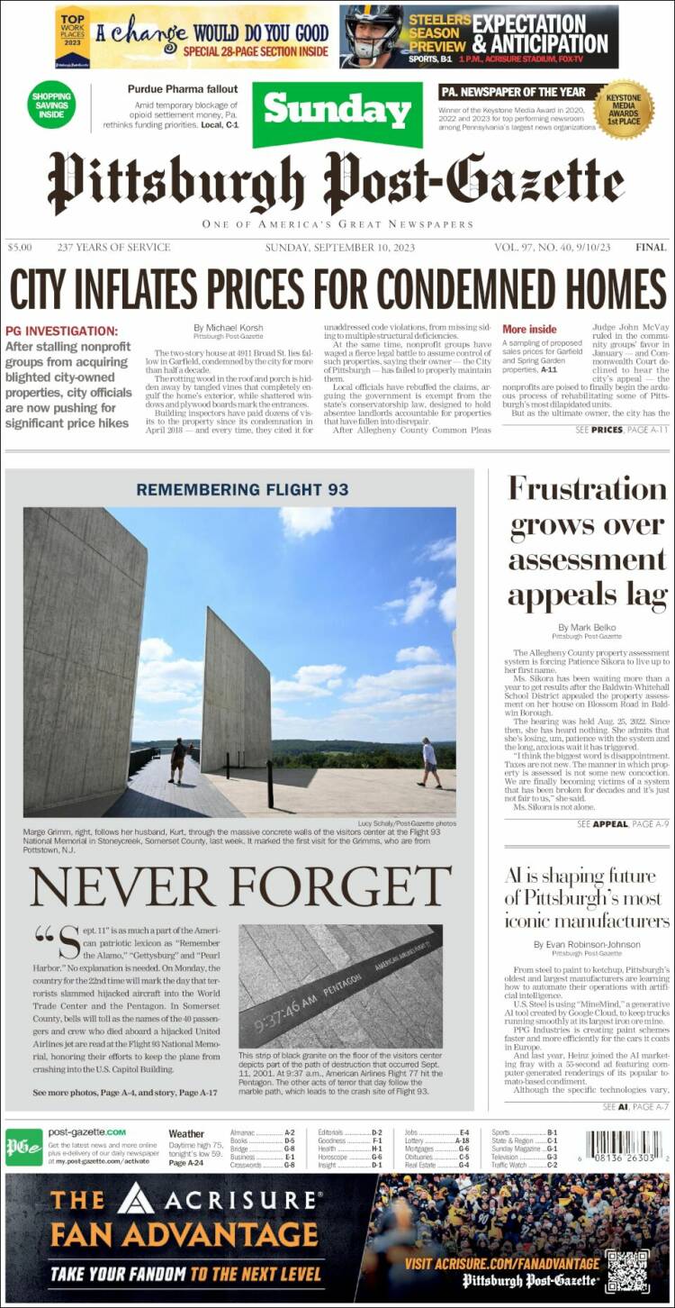 Portada de Pittsburgh Post-Gazette (USA)