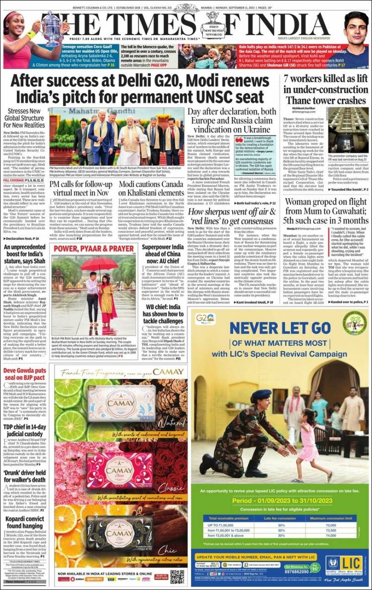 Portada de The Times of India (India)