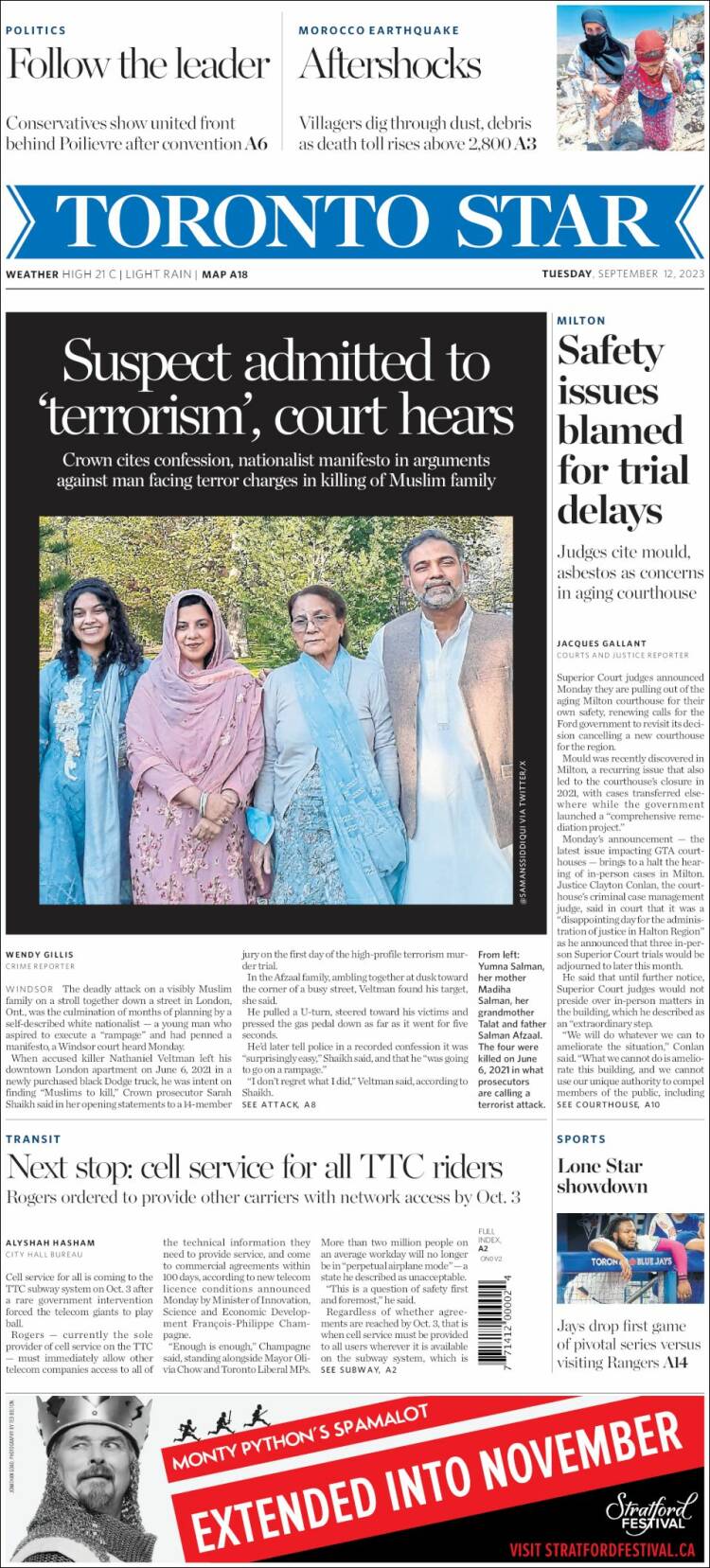 Portada de The Toronto Star (Canadá)