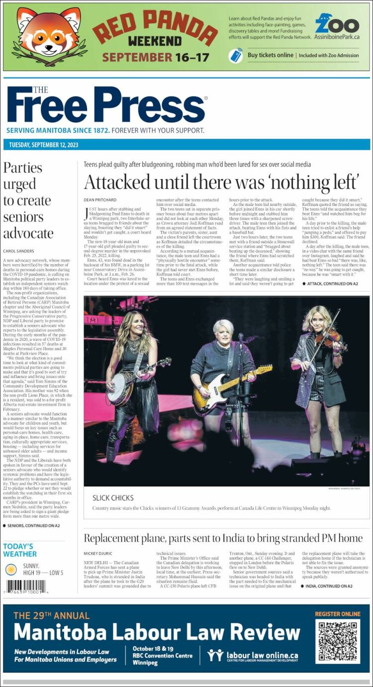 Portada de Winnipeg Free Press (Canadá)