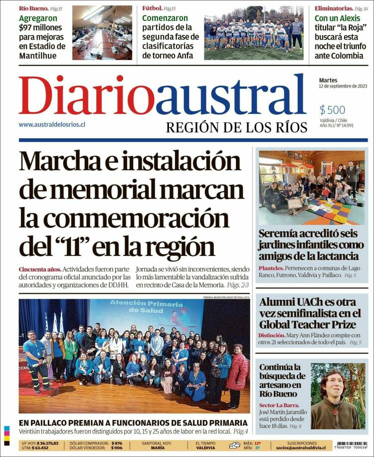 Portada de El Diario Austral de Valdivia (Chile)