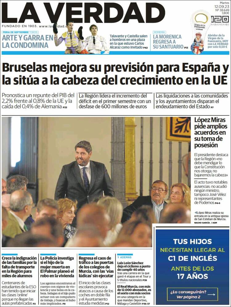 Portada de La Verdad de Murcia (España)