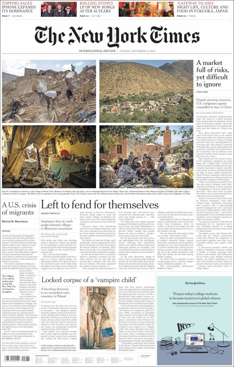 Portada de International New York Times (Europa)