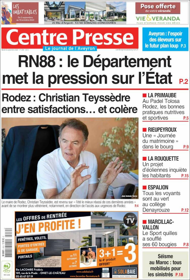 Portada de Centre Presse (Francia)