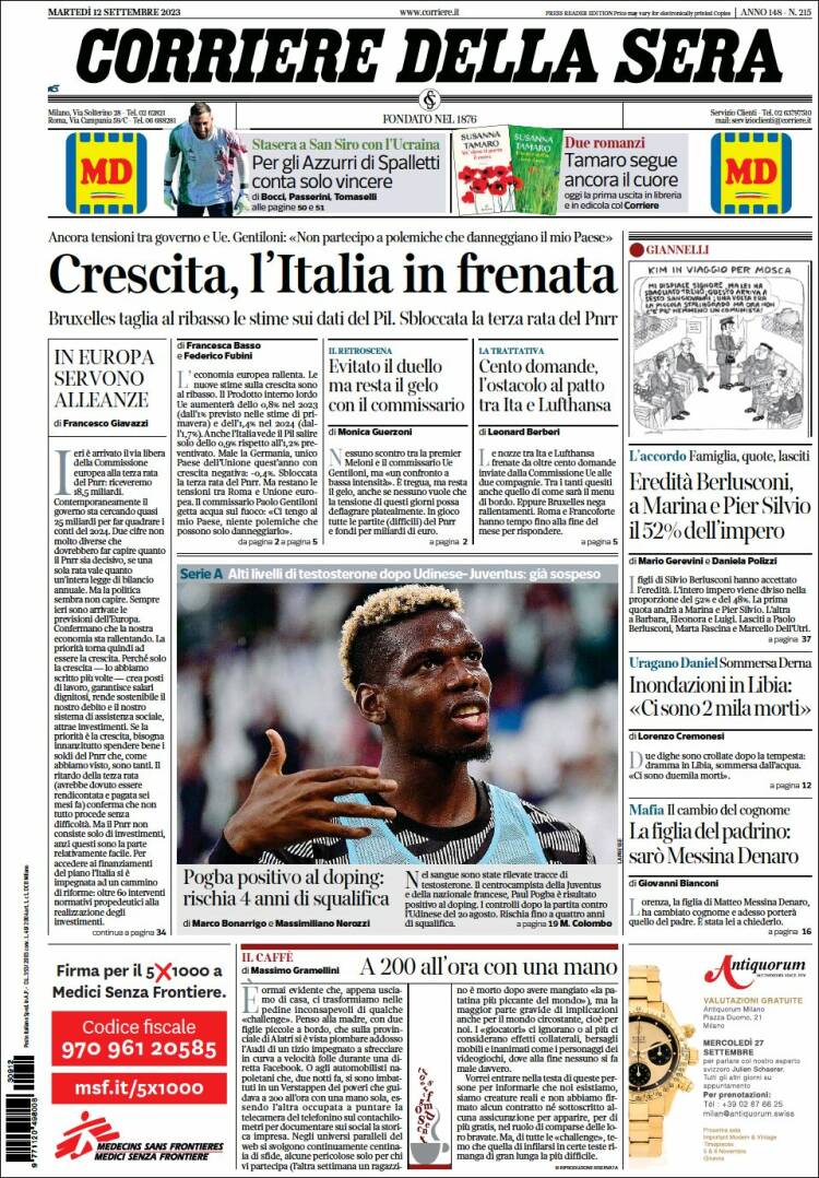 Portada de Corriere della Sera (Italia)