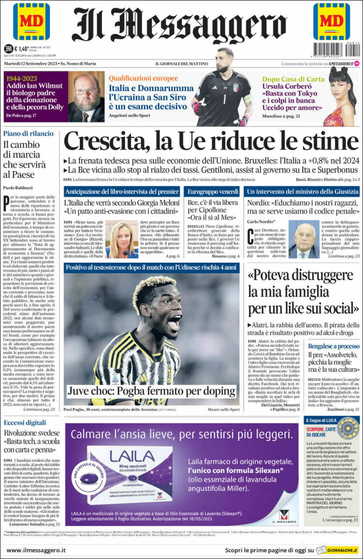 Portada de Il Messaggero (Italia)