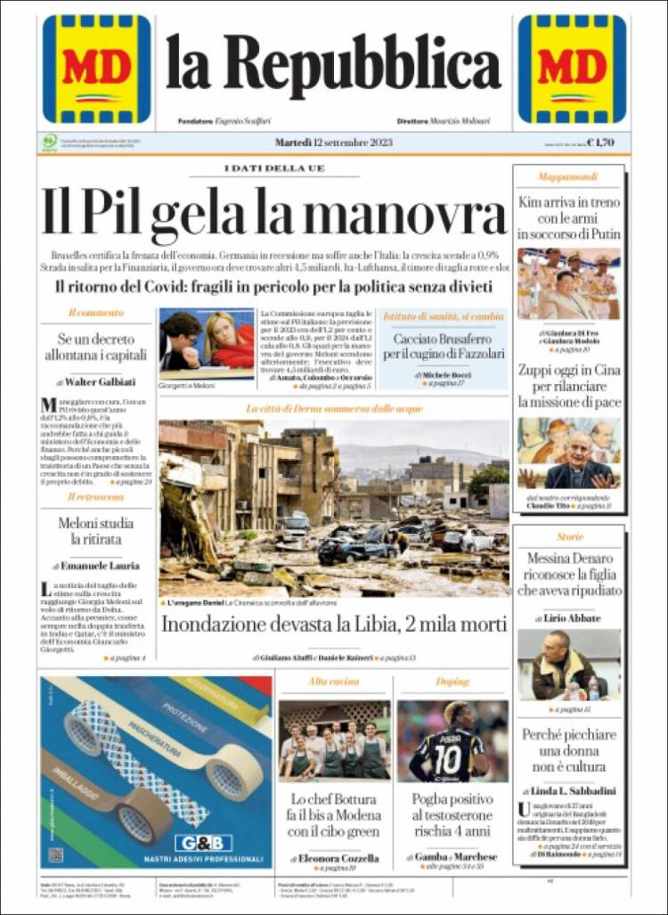 Portada de La Repubblica (Italia)