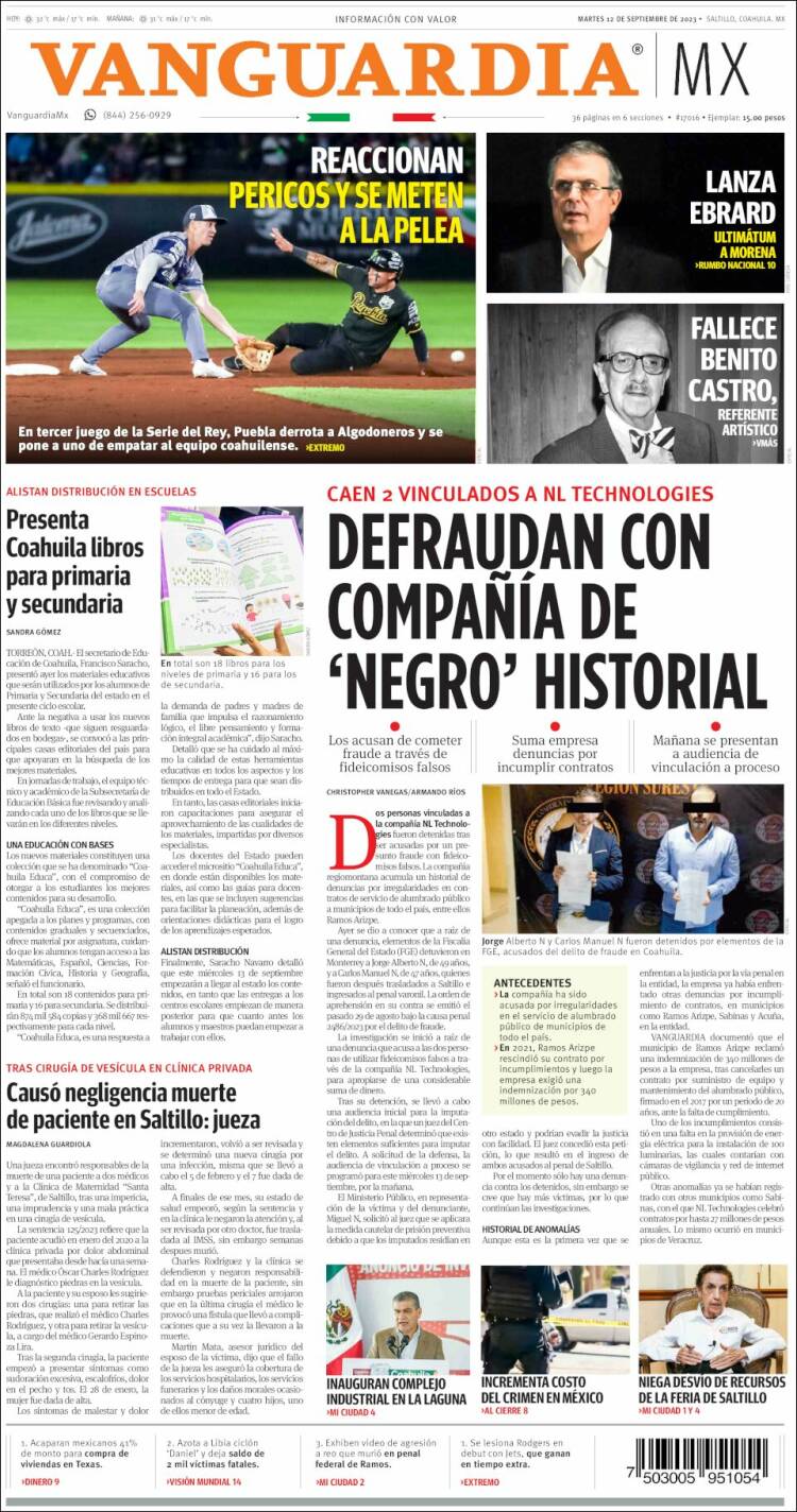 Portada de Vanguardia (M&eacute;xico)