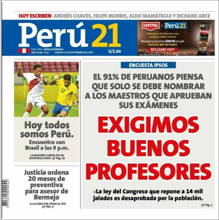 Portada de Perú 21 (Pérou)
