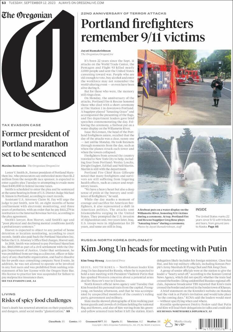 Portada de The Oregonian (USA)