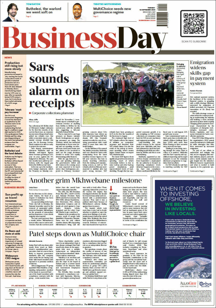 Portada de Business Day (Sud&aacute;frica)