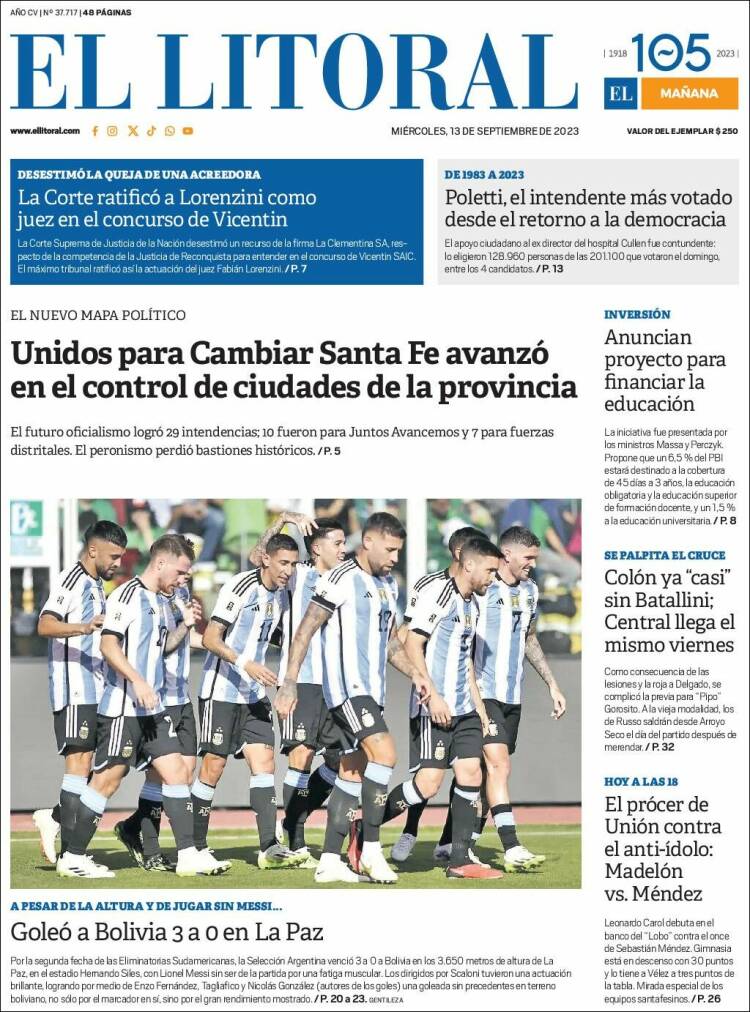 Portada de Diario El Litoral (Argentina)