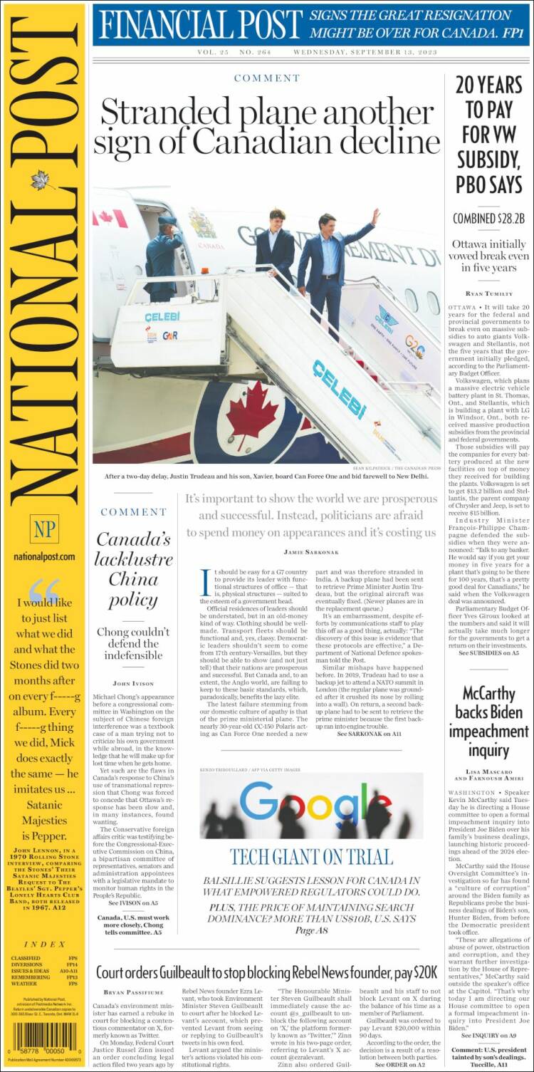 Portada de The National Post (Canadá)