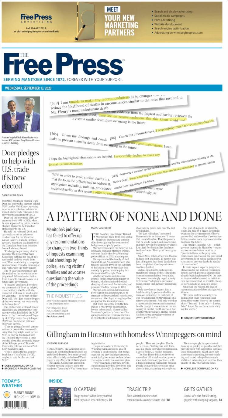 Portada de Winnipeg Free Press (Canadá)
