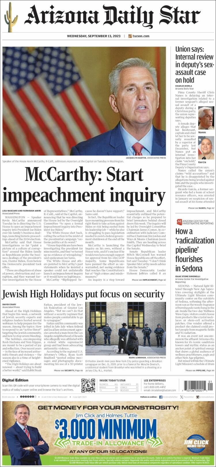 Portada de Arizona Daily Star (USA)