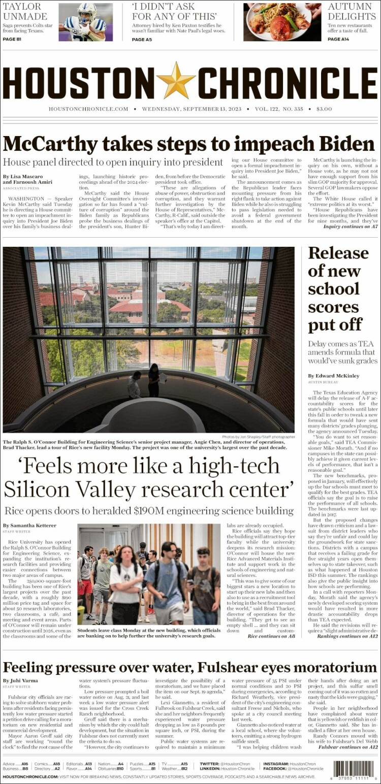Portada de Houston Chronicle (USA)