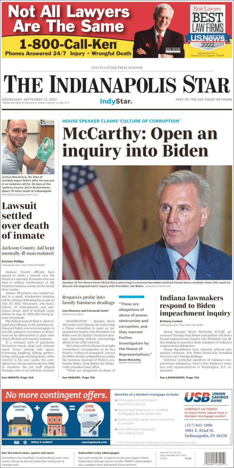 Portada de The Indianapolis Star (USA)