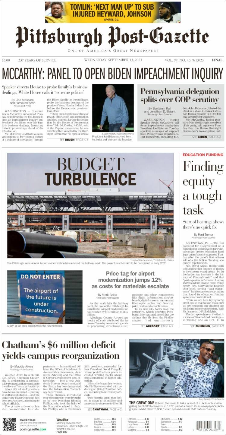 Portada de Pittsburgh Post-Gazette (USA)