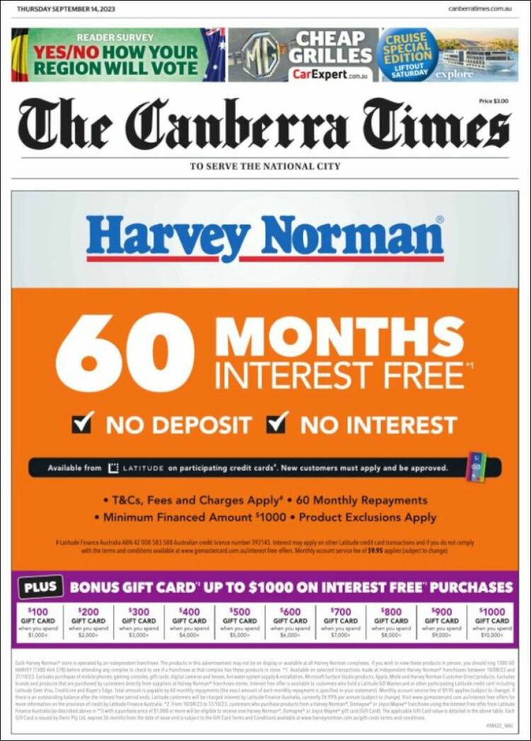 Portada de The Canberra Times (Australia)