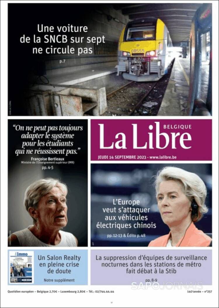 Portada de La Libre.be (B&eacute;lgica)