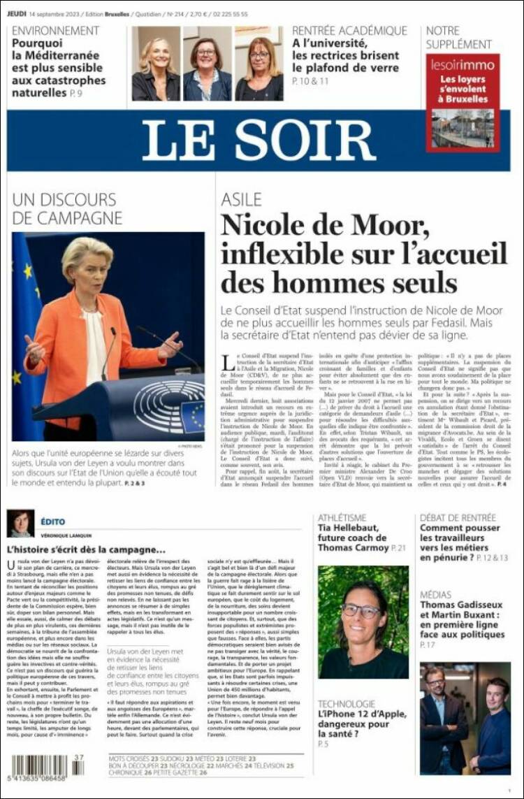 Portada de Le Soir (B&eacute;lgica)