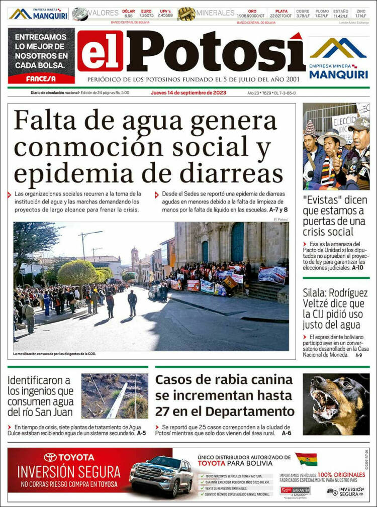 Portada de Diario de Potosí (Bolivia)