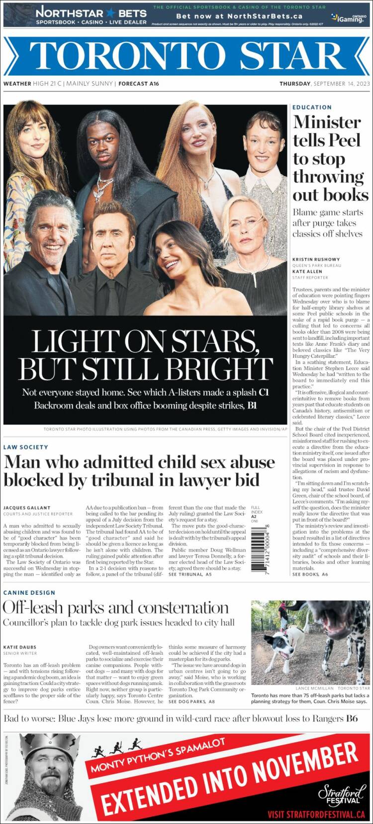 Portada de The Toronto Star (Canadá)