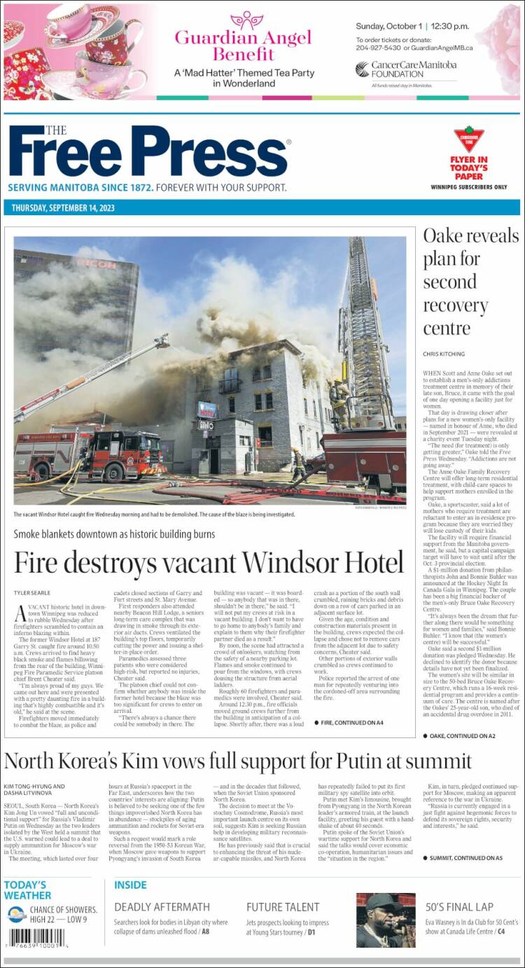 Portada de Winnipeg Free Press (Canadá)