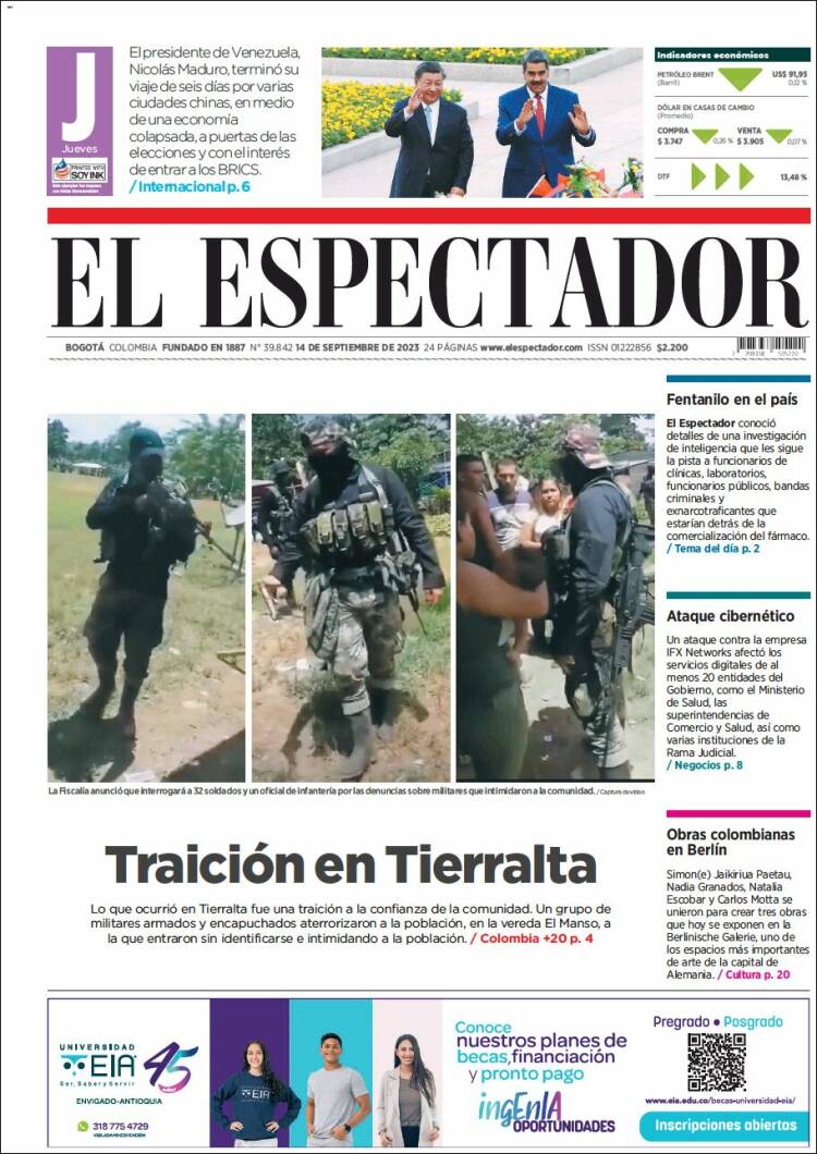 Portada de El Espectador (Colombia)